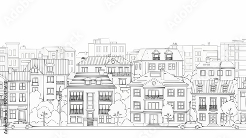 Seamless Row of Townhouses Architectural Sketch.