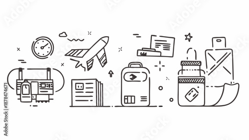 Outline drawing showing travel related icons including airplane, luggage and travel documents and toiletries on transparent background silhouette