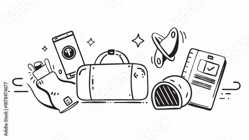 A travel doodle featuring a duffel bag, passport, phone, and other travel related accessories on transparent background silhouette