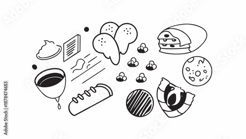A collection of various food items including bread, wine, and sweets in a simple line drawing style on transparent background silhouette