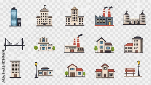 Collection of diverse building and architecture icons on transparent background.