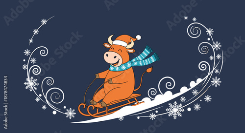 Happy cartoon cow wearing a santa hat and blue scarf while sliding down a snowy slope on a wooden sled surrounded by festive snowflakes.