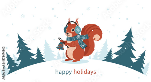 Adorable red squirrel wearing a blue winter scarf and earmuffs while holding a holiday bell in a snowy forest landscape with pine trees.