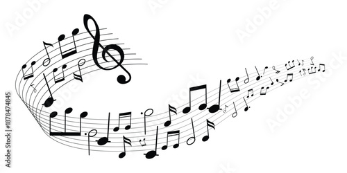 Wavy music sheet: background vector illustration of musical notes lined up on staff notation.Music notes wave. Flowing musical staff lines with notes, clefs and melody rhythm patterns in dynamic.