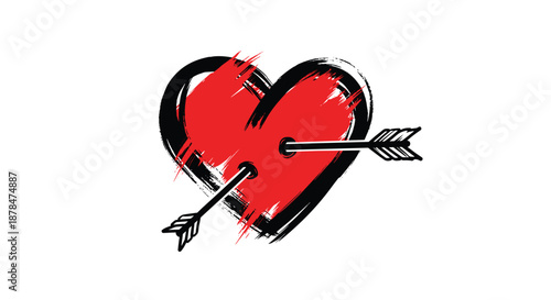 Stylized red heart shape pierced by a black arrow in a rough brushstroke artistic style representing love, passion, and valentines day themes.