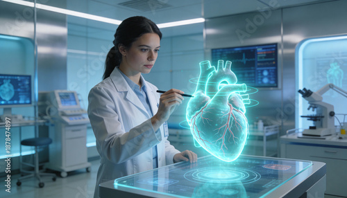 Female Doctor Analyzing AI 3D Human Heart Hologram on Futuristic Interface in Modern Lab. Digital Cardiology, Advanced Healthcare Technology & Innovat