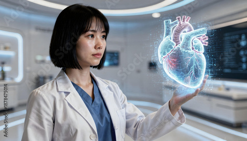 Female Doctor Analyzing AI-Powered 3D Human Heart Hologram in Futuristic Clinic, Digital Cardiology Technology & Healthcare Innovation Concept.
