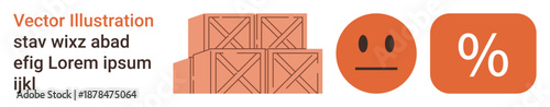 Logistics, emotions, discounts, e-commerce, business , symbolic . Stacked crates, a neutral face and a percentage icon are visible. Logistics and e-commerce ation