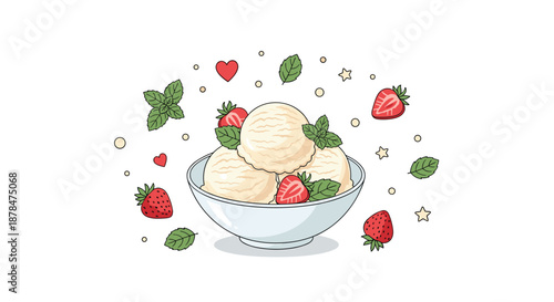 Three scoops of vanilla ice cream in a white bowl garnished with fresh strawberries and mint leaves on a white background with decorative icons.