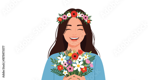 Cheerful young woman with long brown hair wearing a floral crown and holding a colorful bouquet of flowers in a bright summer illustration.