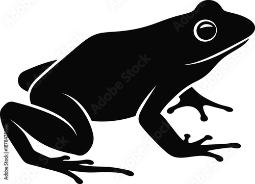 A black silhouette of a frog sitting on a plain white background
