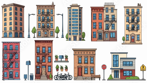 Collection of Diverse City Buildings and Urban Elements.