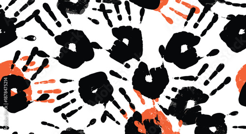 Seamless repeating pattern of messy black and red handprints on a white background creating a bold and expressive graphic design for art themes.