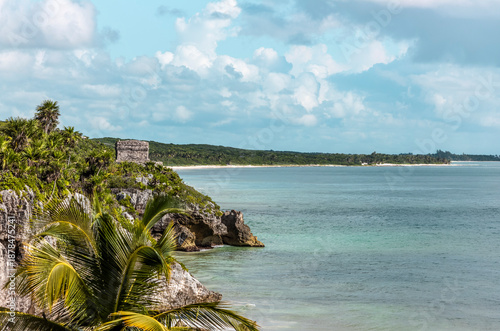 Spectacular view of the Temple of the Wind in Tulum, facing the sea with pristine beach and sea