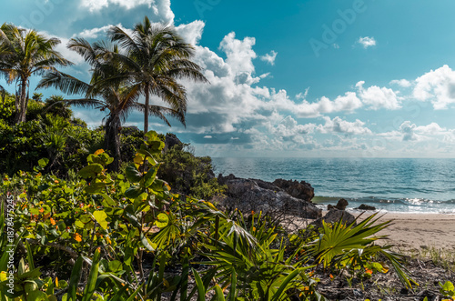 Spectacular view of the Caribbean sea with a pristine beach near Tulum in Mexico
