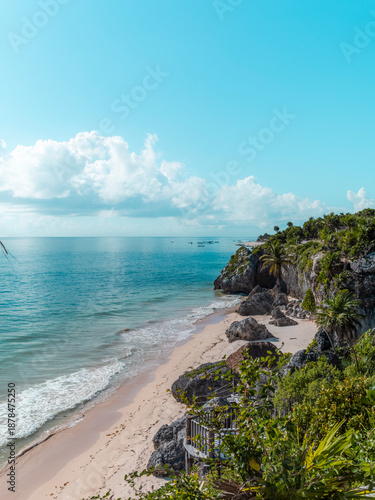 Spectacular view of the Caribbean sea with a pristine beach near Tulum in Mexico