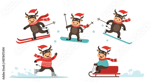 Cute cartoon bulls wearing Santa hats and scarves enjoying winter activities like skiing, snowboarding, ice skating, and sledding on a snowy day.