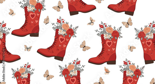 Whimsical seamless pattern displaying bright red boots overflowing with beautiful flowers and hearts accompanied by delicate flying butterflies.