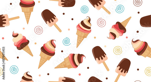 Delicious seamless pattern featuring an assortment of colorful ice cream cones, chocolate dipped popsicles, and sweet swirls on a white background.