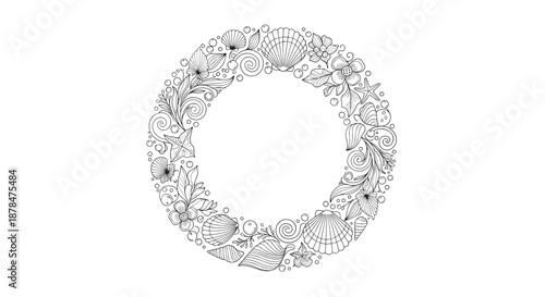 Beautiful marine themed circular wreath illustration in black and white line art featuring various seashells, starfish, and ocean bubbles.