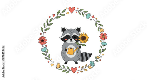 Sweet cartoon raccoon character holding a bright sunflower and a yellow watering can framed by a delicate heart and flower wreath.