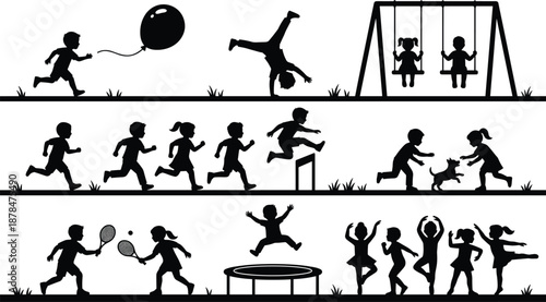Children playing outdoor activities silhouette set showing running, jumping, swinging, sports, friendship and joyful childhood moments isolated on white background