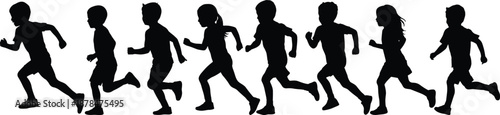 Children running silhouette illustration featuring active boys and girls sprinting together, energetic movement concept for sports, fitness, teamwork and healthy childhood