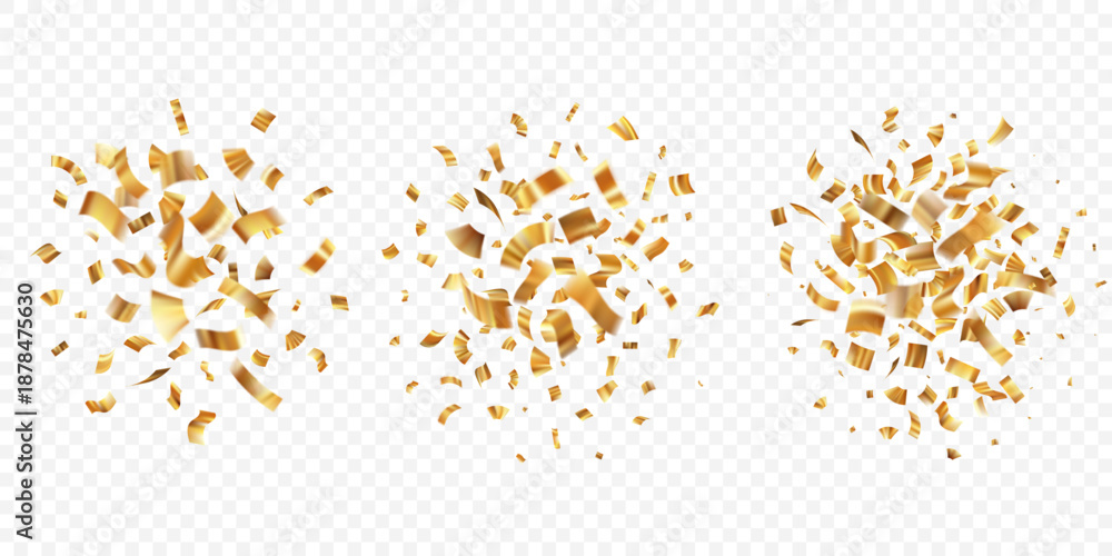 Fototapeta premium Golden confetti burst with ribbons falling on transparent background. Festive party decoration for birthday celebration, anniversary event or carnival surprise with glitter sparkle effect.