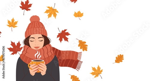 Cozy autumn illustration of a young woman wearing a warm hat and scarf holding a steaming mug of coffee amidst swirling colorful fall leaves.