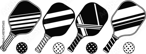 Pickleball paddle and ball silhouette set illustration showing different racket designs isolated on white background for sports icon graphic