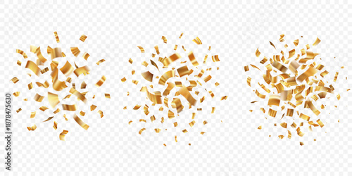 Golden confetti burst with ribbons falling on transparent background. Festive party decoration for birthday celebration, anniversary event or carnival surprise with glitter sparkle effect.