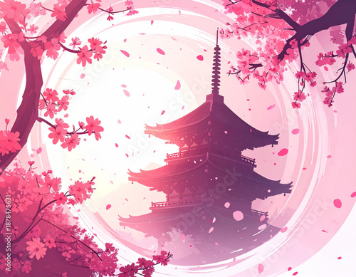 Sakura Petals Swirling Around Pagoda