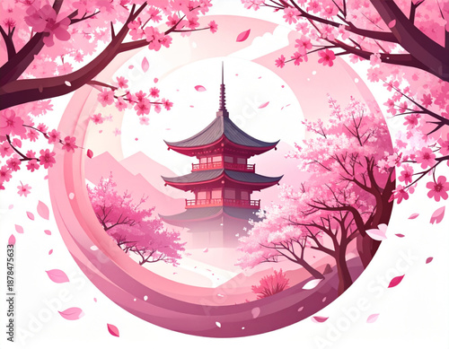 Sakura Petals Swirling Around Pagoda