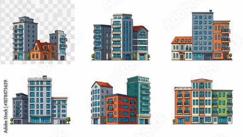 Collection of diverse city buildings and apartments.
