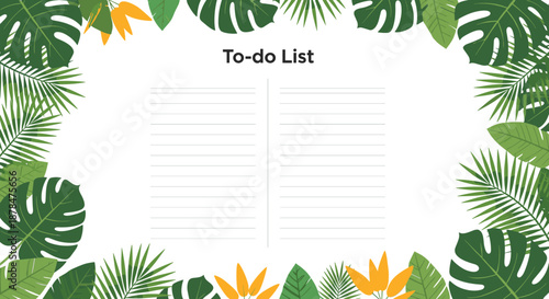 Organized to-do list template design framed by a lush border of various green tropical palm leaves and exotic orange flowers on white.