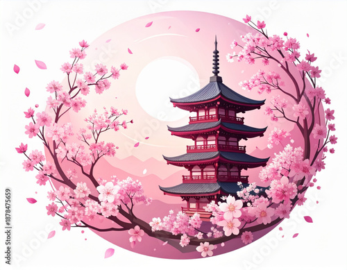 Sakura Petals Swirling Around Pagoda