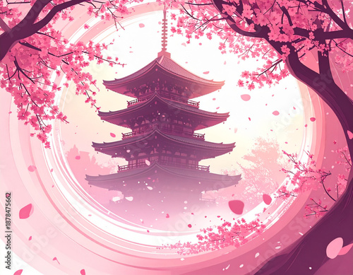 Sakura Petals Swirling Around Pagoda