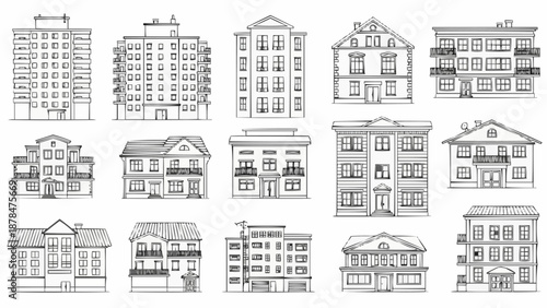 Collection of diverse building illustrations in black and white sketch style.