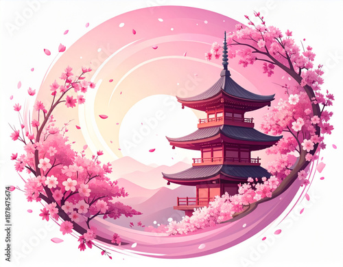 Sakura Petals Swirling Around Pagoda
