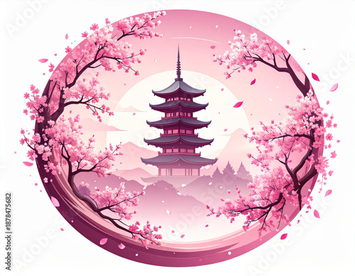 Sakura Petals Swirling Around Pagoda