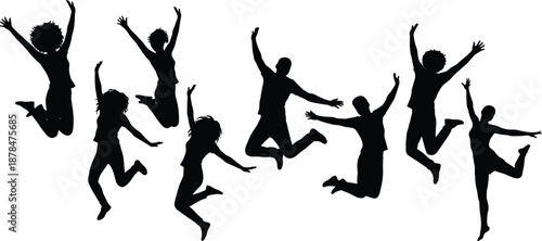 Group of joyful people jumping in the air silhouette expressing freedom, happiness, teamwork, celebration, and positive energy isolated on white background