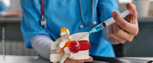 Foto Anatomy model of human spine shows hnp and medical syringe concept
