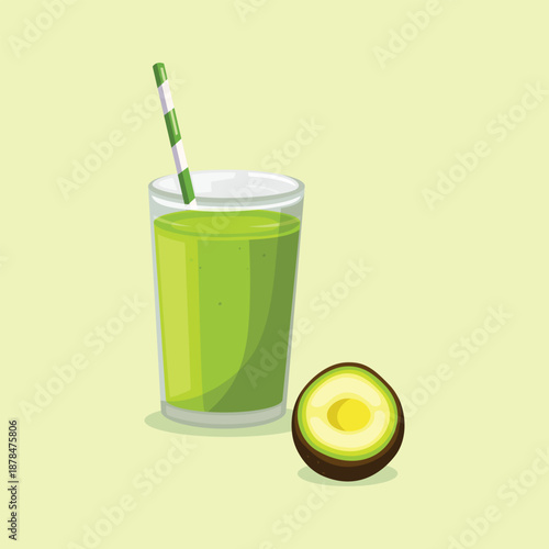 A healthy avocado smoothie illustration with straw, ideal for cafe menus, detox concepts, and wellness lifestyle designs.