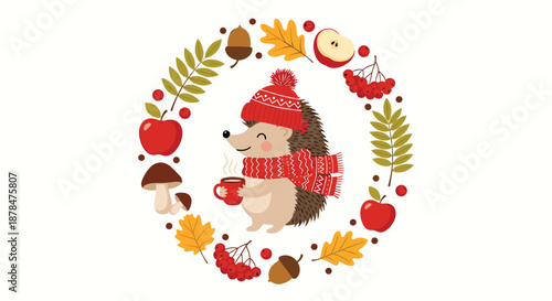 Cute cartoon hedgehog wearing a winter hat and scarf holding a hot mug within a circular wreath of autumn leaves, mushrooms, and apples.