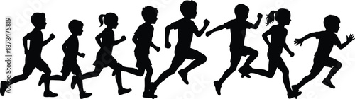 Kids running silhouette illustration showing active children sprinting together, playful movement concept for sports, fitness, teamwork and healthy lifestyle designs
