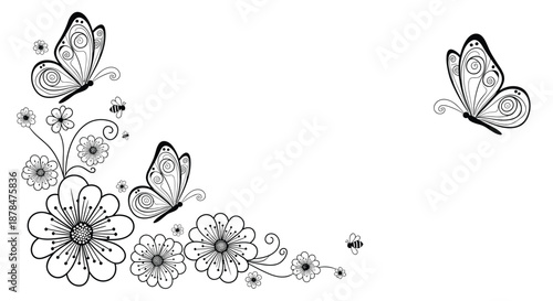 Delicate corner floral arrangement in black and white line art featuring graceful butterflies, blooming flowers, and busy honeybees.