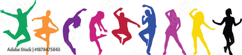 Colorful dancing people silhouettes isolated on white background expressing movement energy joy freedom music party and modern lifestyle concepts