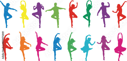 Colorful dancing people silhouettes set showing energetic poses isolated on white background for fitness, yoga, festival and lifestyle design