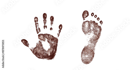 Simple artistic representation of a human handprint and footprint in a rustic brown ink style isolated on a plain white background.