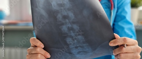 Bild auf Leinwand Doctor examines spine x-ray during patient consultation